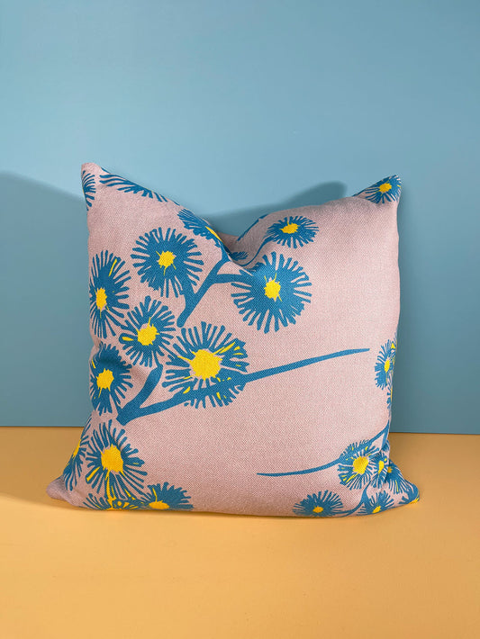 Wattle Blossom Cushion- Aqua Blue/Citrus